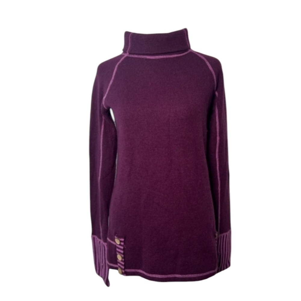 Akini Wool Mock Neck Indie Boho Sweater Purple Stripe Pullover Buttons sz XS - Picture 4 of 13